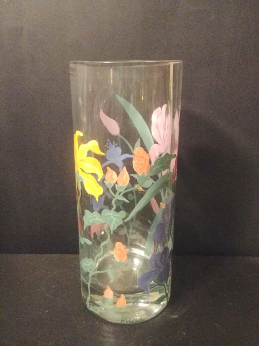 Pottery Barn Thick Glass Cylinder Canister Vase Custom Floral Painted